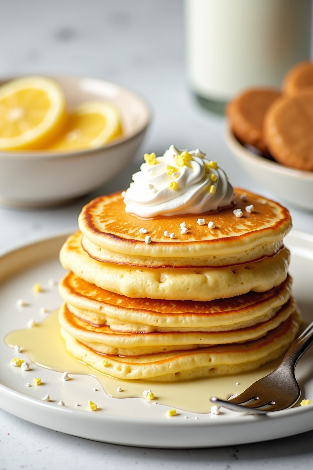 Gourmet Lemon Pancakes with Ricotta for Mother's Day Breakfast on marble table, bright daylight