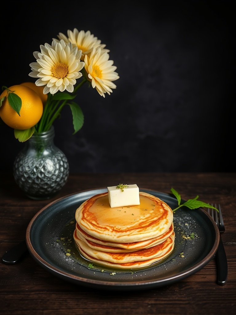 Gourmet Mother's Day Lemon Ricotta Pancakes on ceramic plate, warm light