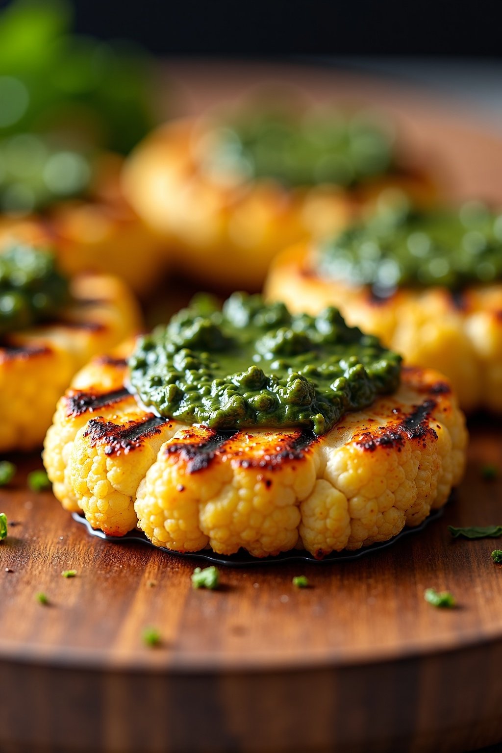 Grilled Cauliflower Steaks with Chimichurri Sauce cross-section, detailed texture