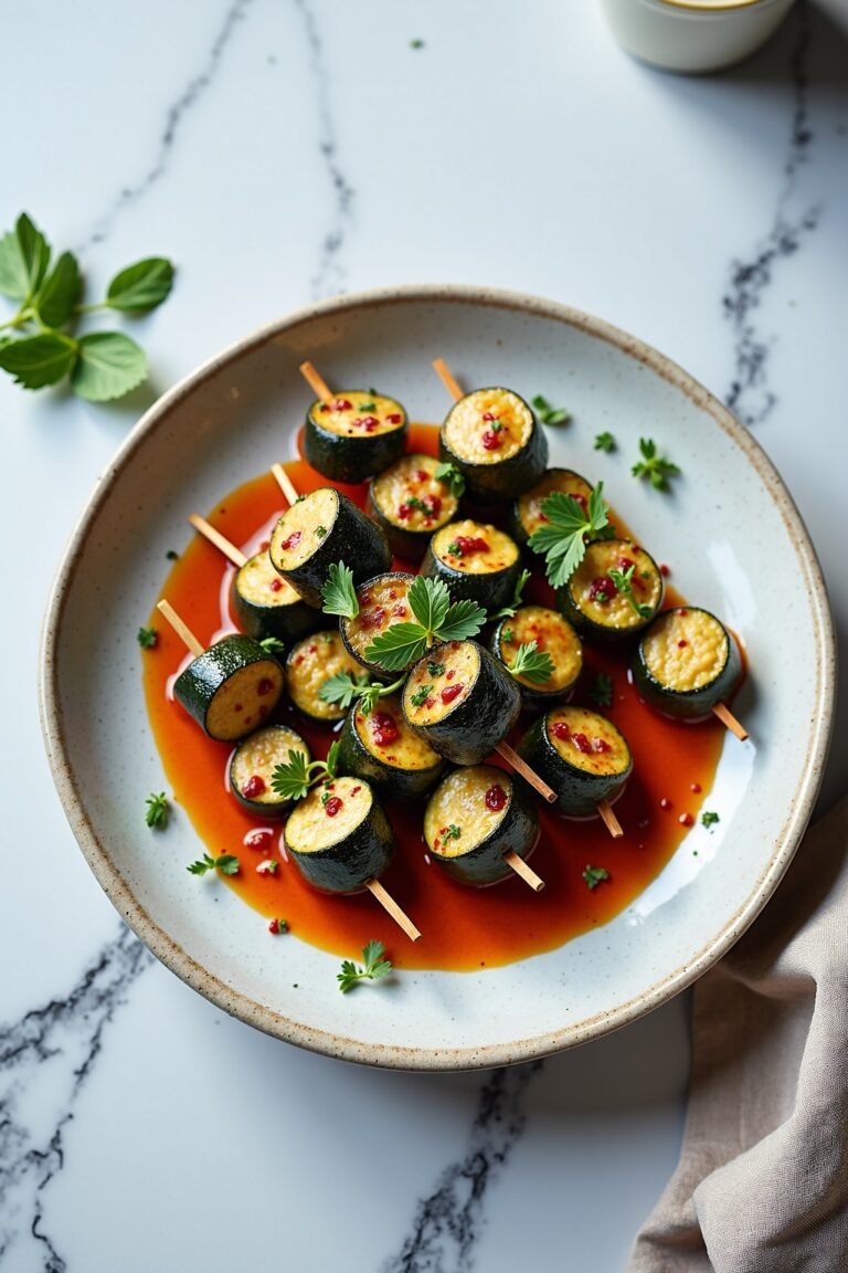Grilled eggplant and zucchini skewers with herb dressing on ceramic dish