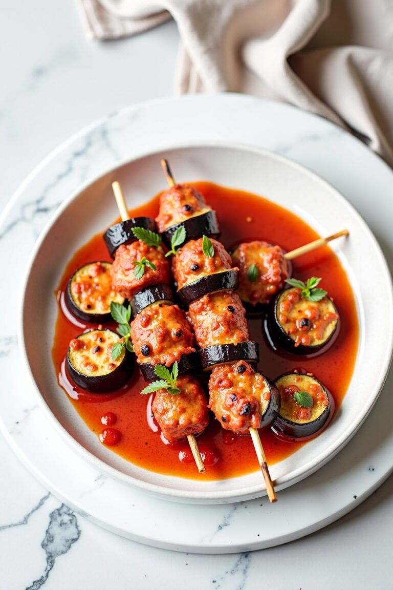 Grilled Eggplant Parmesan Skewers for Father's Day on ceramic dish, vibrant textures