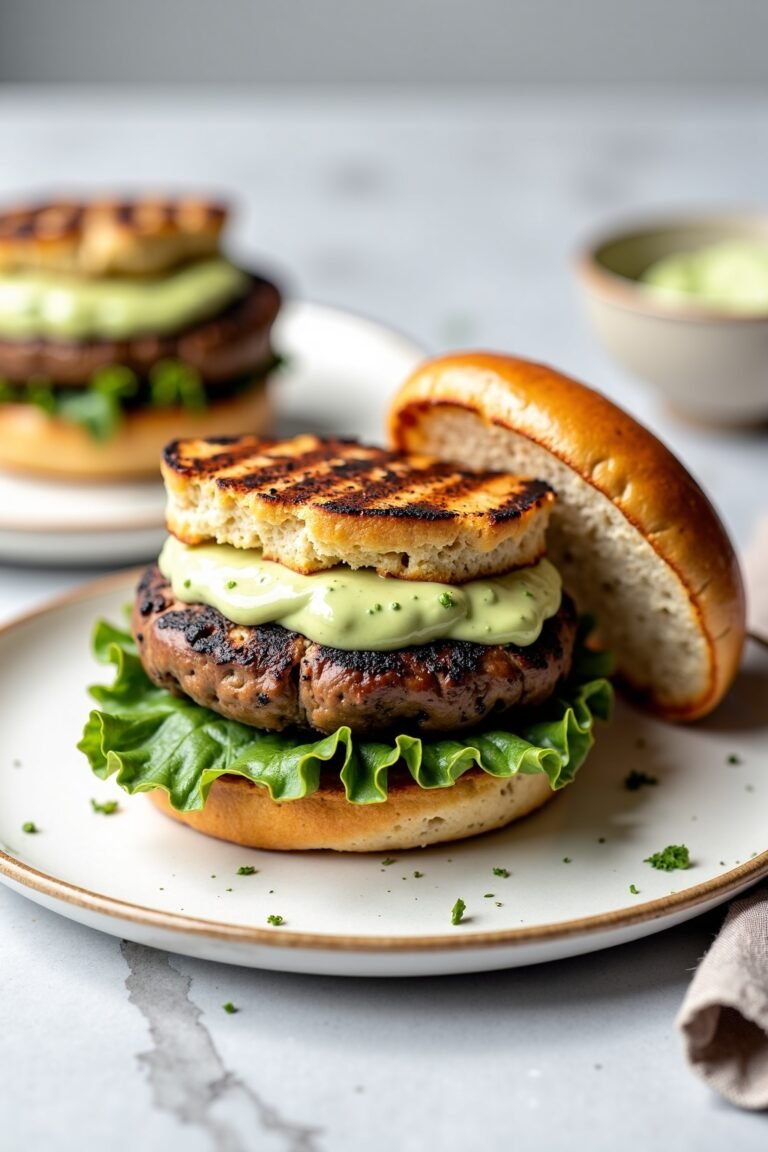 Grilled Portobello Mushroom Burgers with Avocado Aioli on ceramic dish, vibrant textures