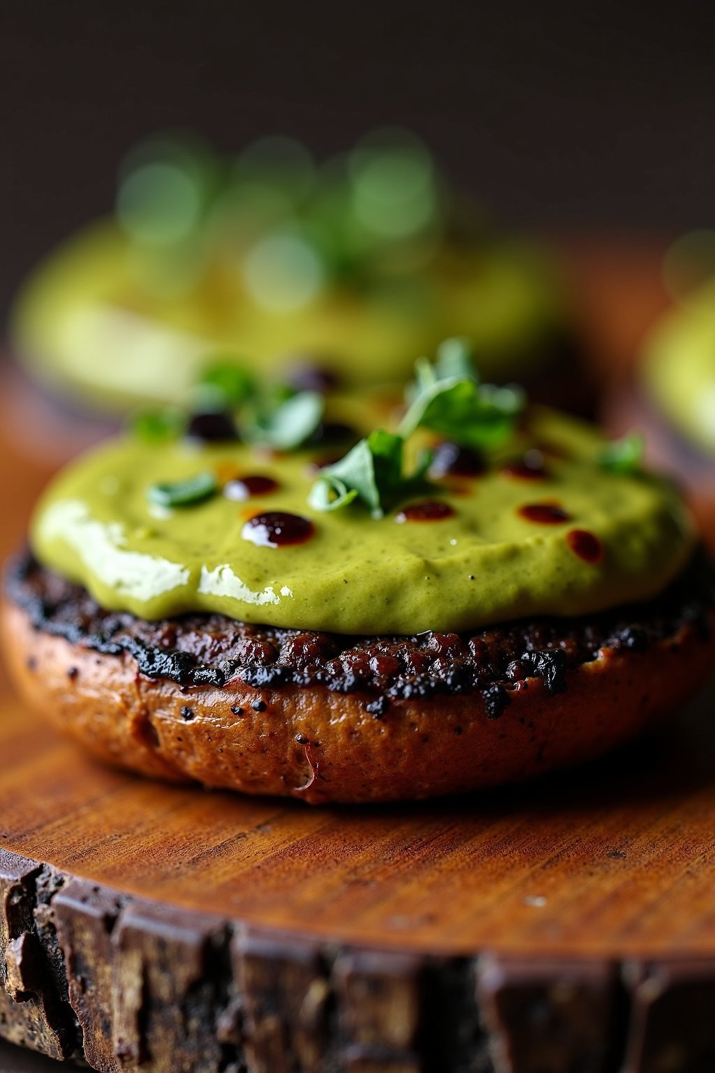 Grilled Portobello Mushroom Burgers with Avocado Aioli cross-section, detailed textures
