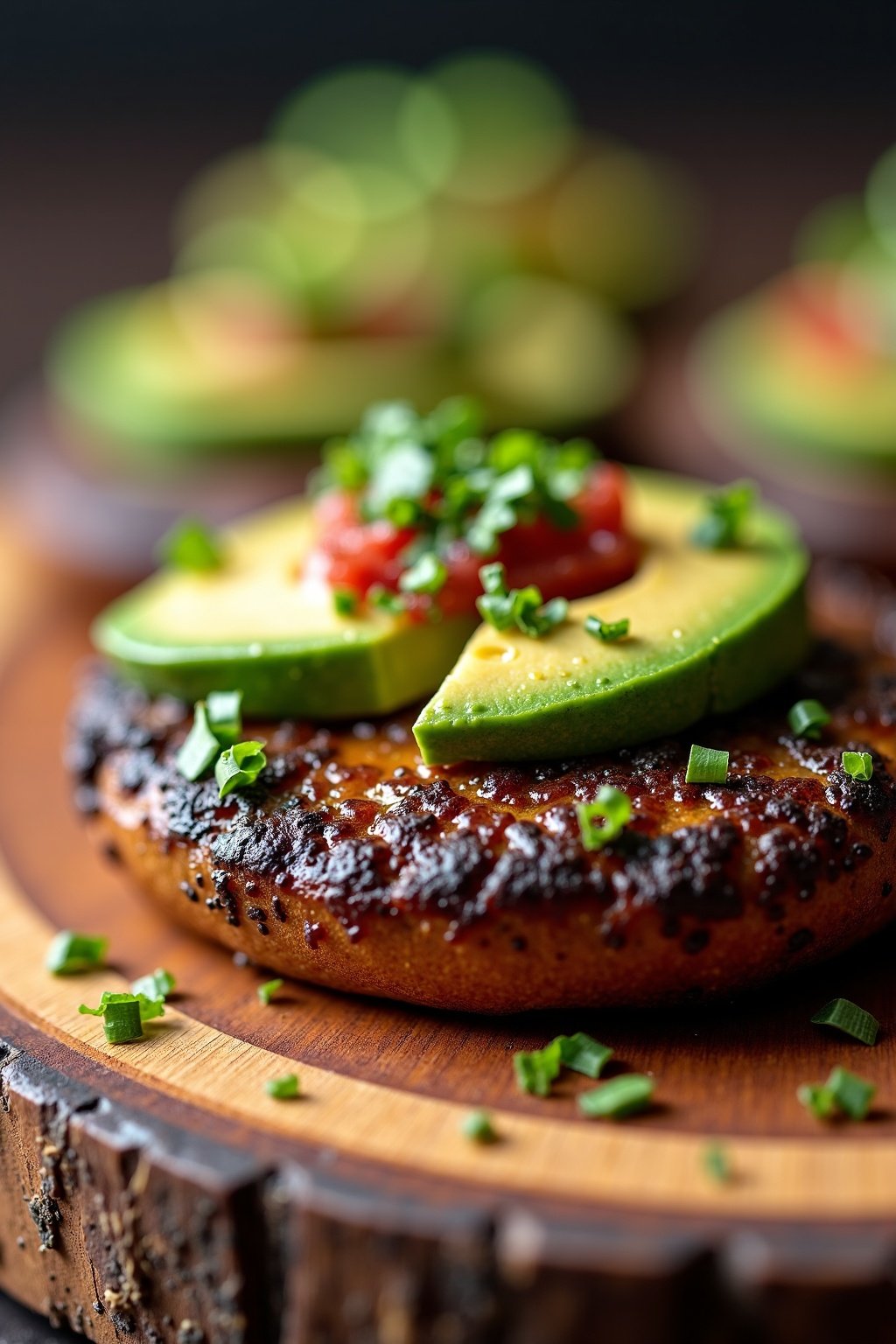 Grilled Portobello Mushroom Burgers with Avocado cross-section, detailed textures