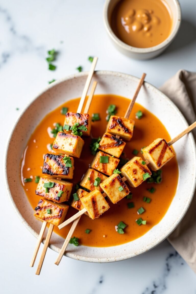 Grilled Tofu Skewers with Spicy Peanut Sauce on ceramic dish, vibrant textures