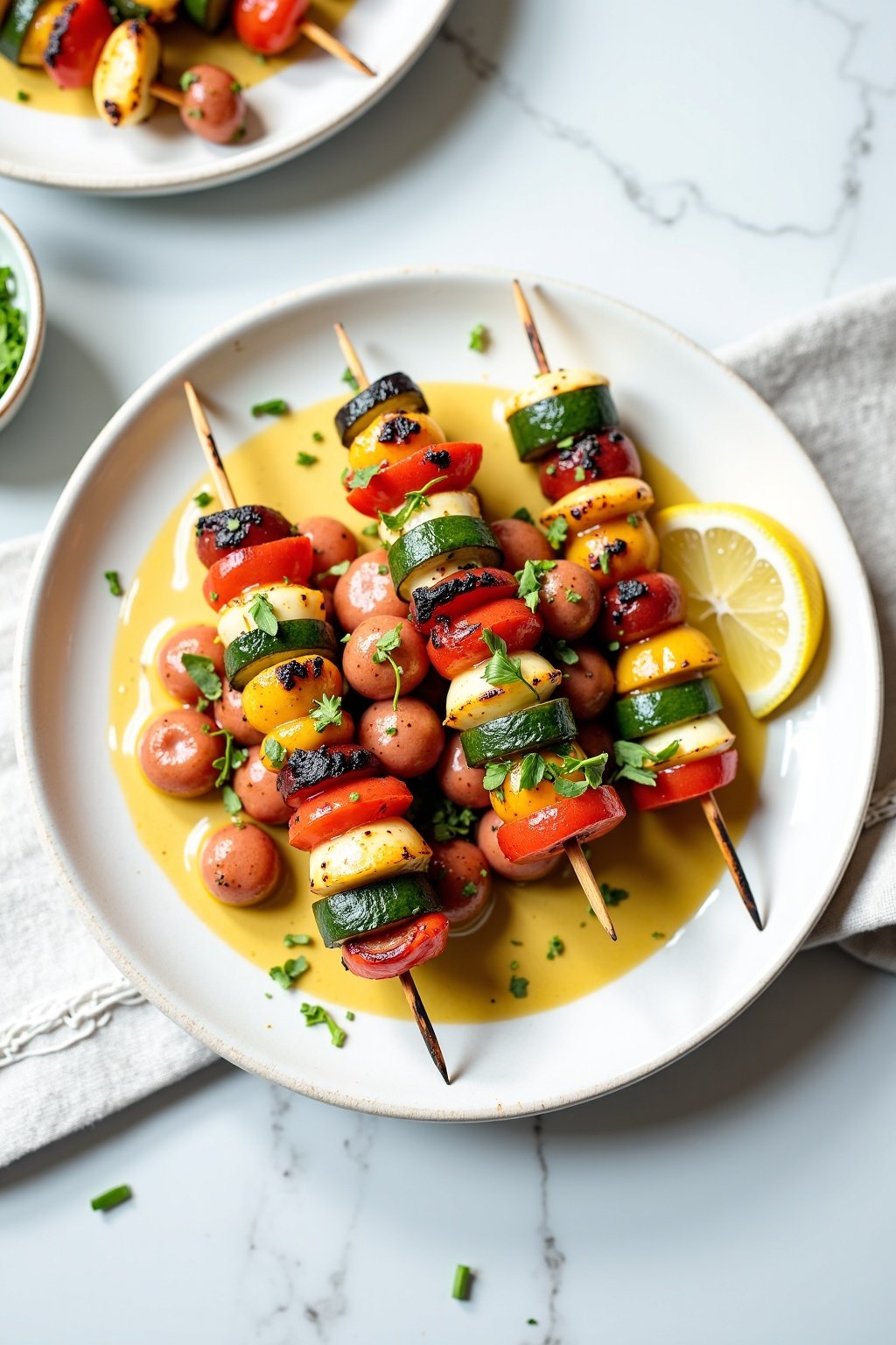 Grilled Vegetable and Halloumi Skewers with Lemon Herb Dressing on ceramic dish