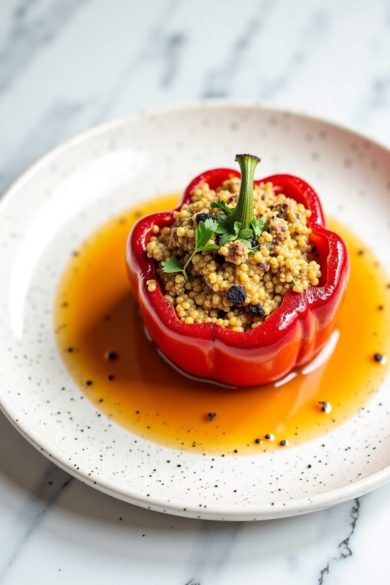 Grilled Vegetable and Quinoa Stuffed Bell Peppers Recipe on ceramic dish, vibrant colors