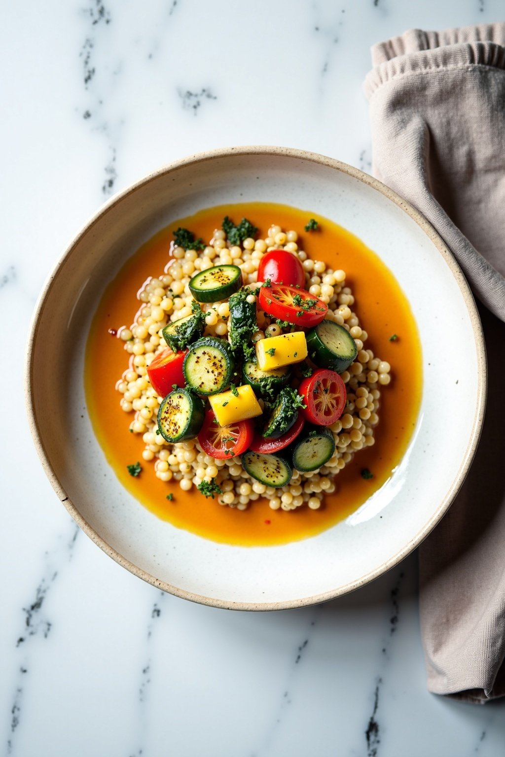 Grilled Vegetable Couscous with Lemon Herb Dressing Recipe on ceramic dish, vibrant colors