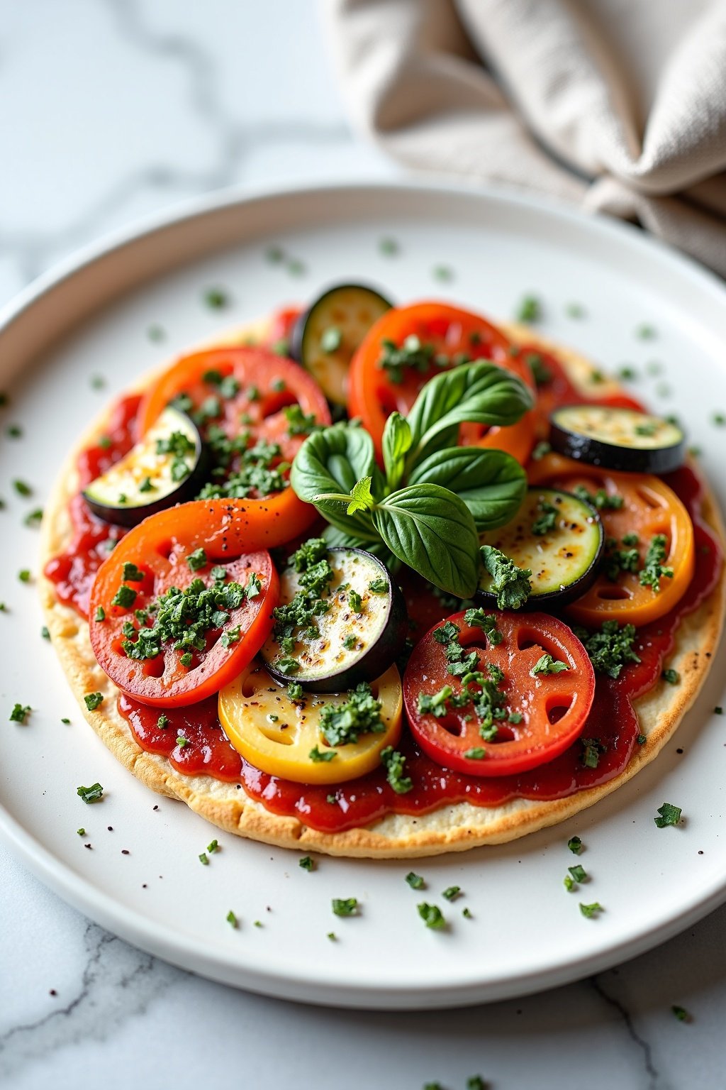 Grilled Vegetable Flatbread with Herb Ricotta on ceramic dish, vibrant colors