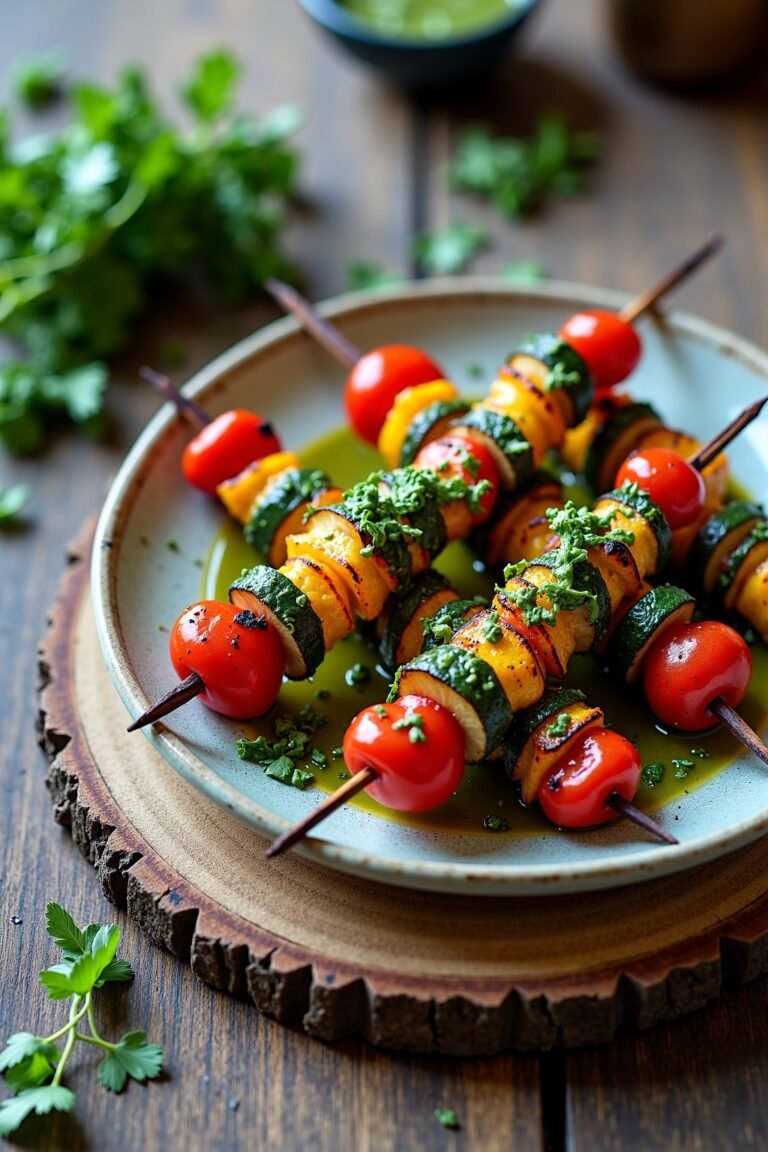 Grilled Vegetable Skewers with Chimichurri Sauce on rustic plate
