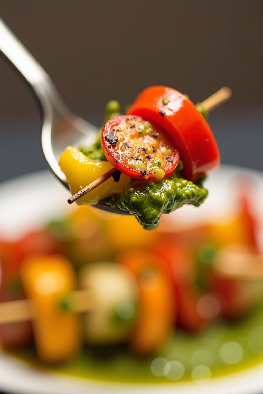 Grilled Vegetable Skewers with Chimichurri Sauce perfect bite on a fork