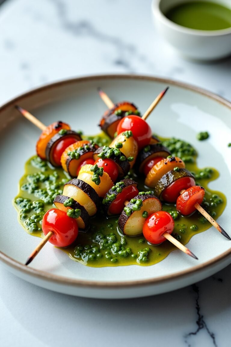 Grilled Vegetable Skewers with Chimichurri Sauce on ceramic dish, vibrant colors