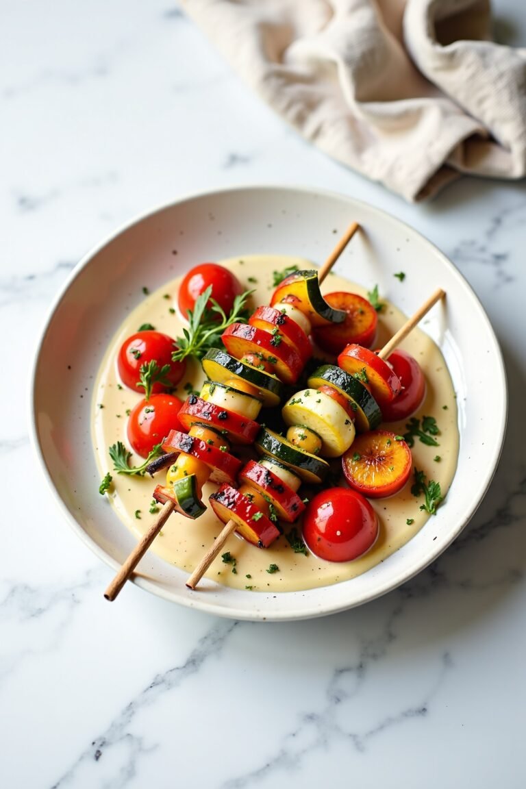 Grilled Vegetable Skewers with Tahini Sauce Recipe on a ceramic dish