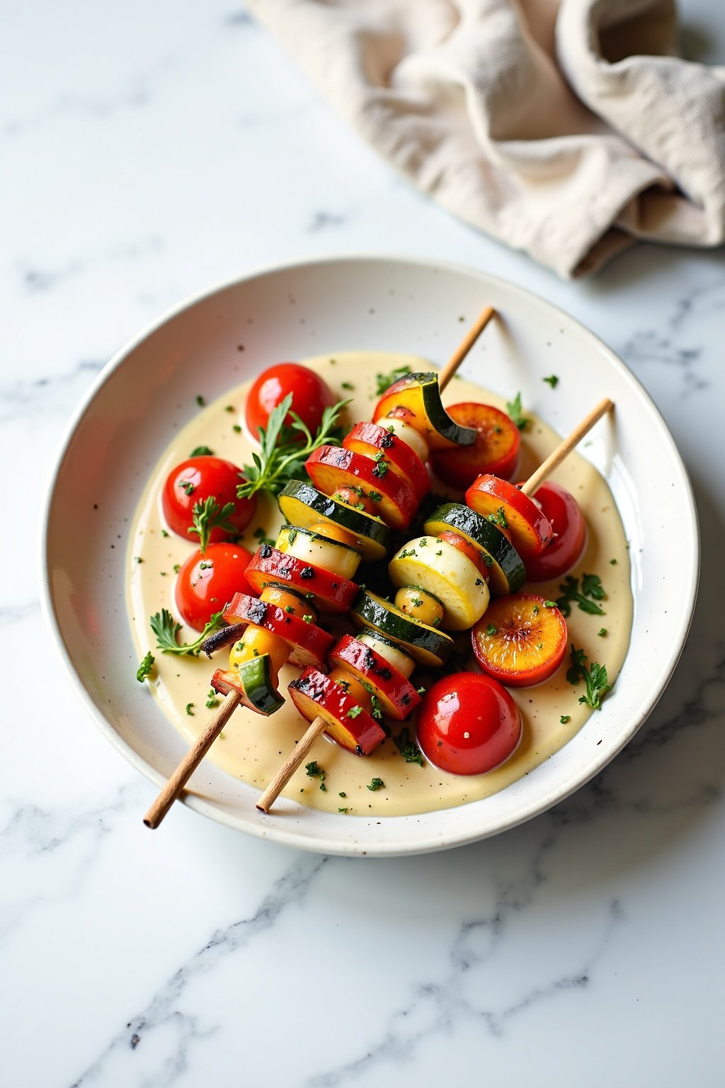 Grilled Vegetable Skewers with Tahini Sauce Recipe on a ceramic dish
