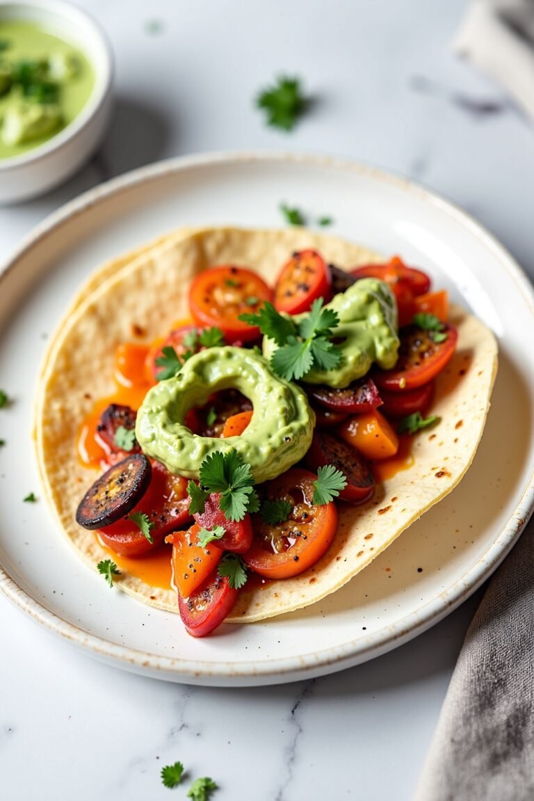 Grilled Vegetable Tacos with Avocado Cream on ceramic dish, vibrant textures