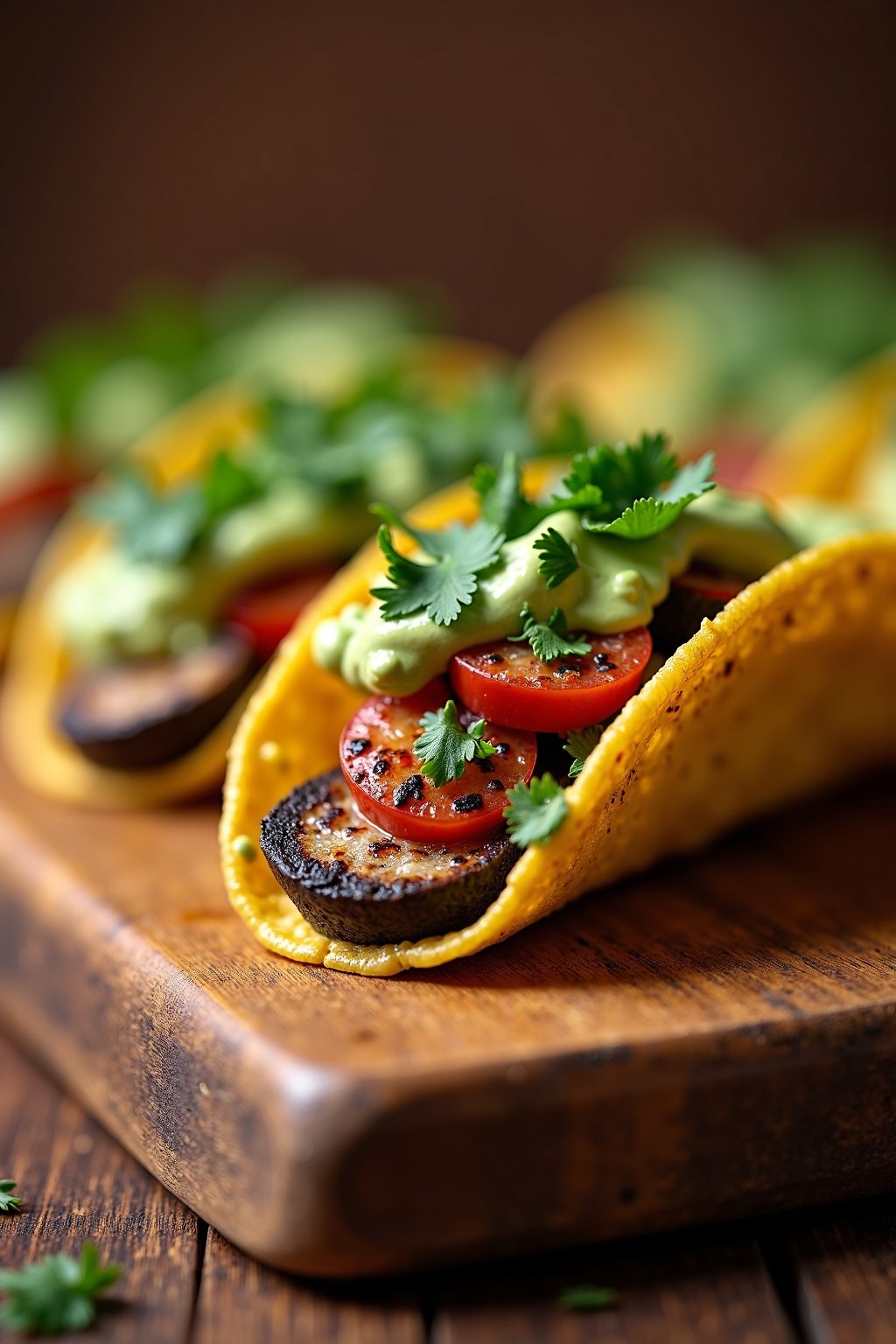 Grilled Vegetable Tacos with Avocado Cream cross-section, detailed texture