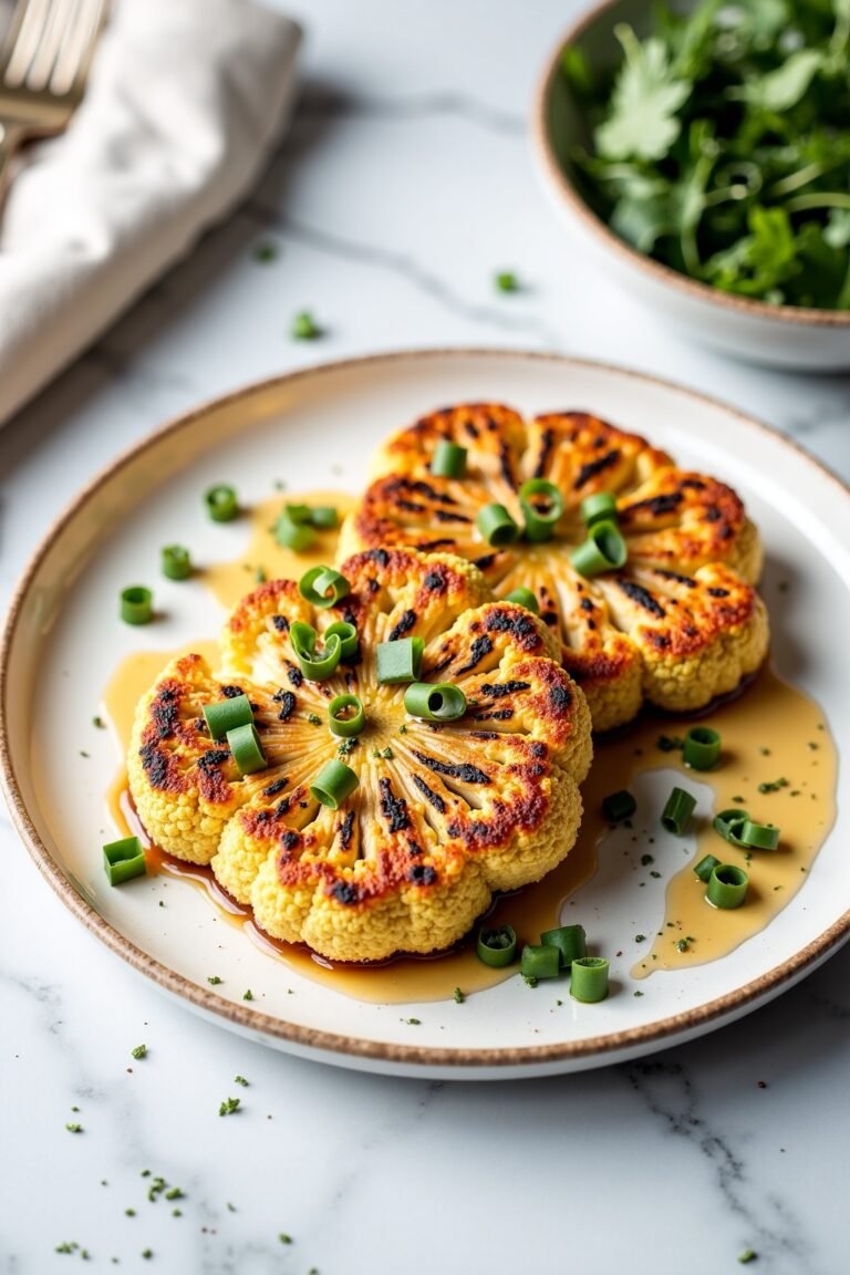 Herb-Crusted Grilled Cauliflower Steaks on ceramic dish, moist textures
