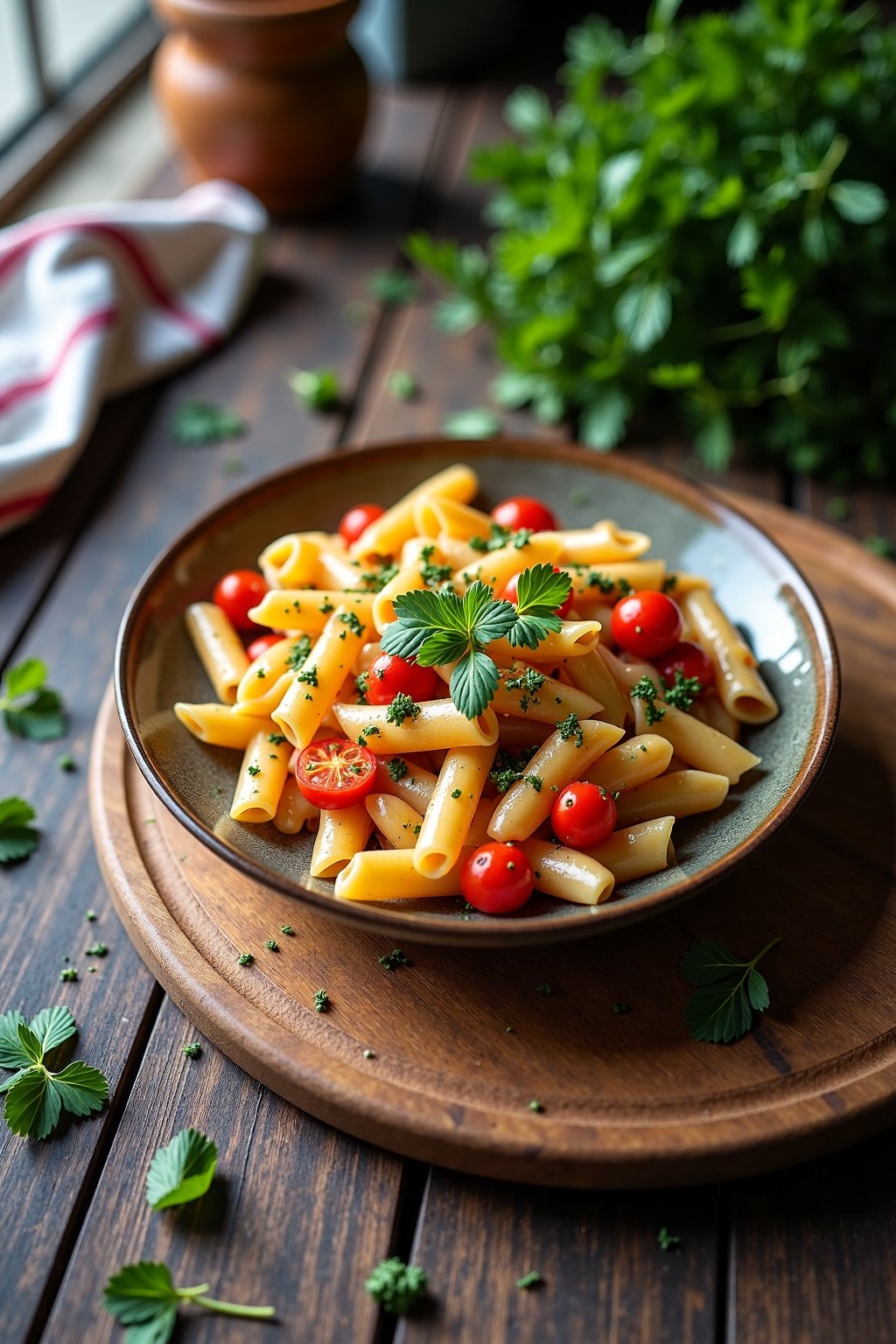 Homemade Pasta salad served on a rustic plate with fresh herbs, max 125 chars