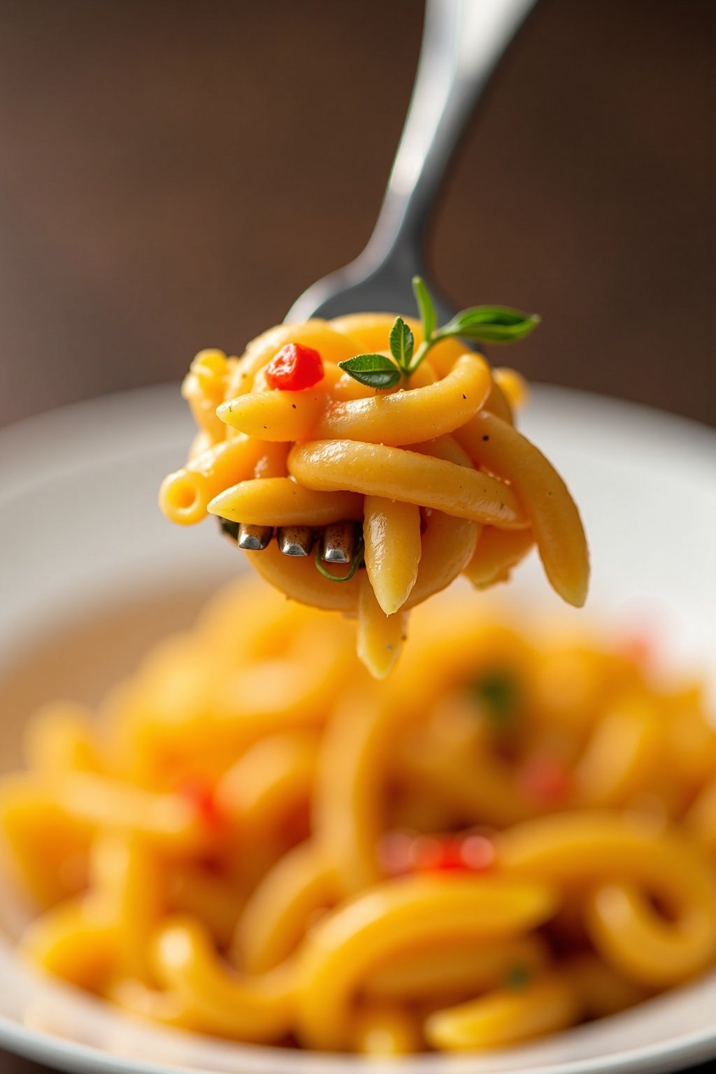 Homemade Pasta salad perfect bite on a fork, max 125 chars