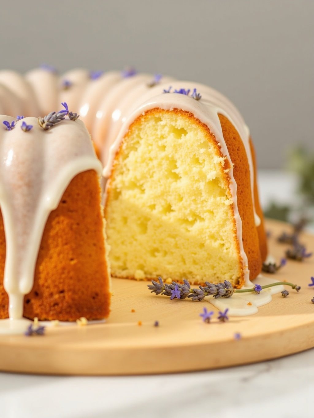 Lemon Lavender Mother's Day Bundt Cake cross-section revealing texture