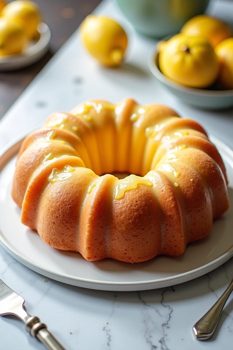 Lemon rosemary bundt cake for Mother's Day brunch on white marble, bright light