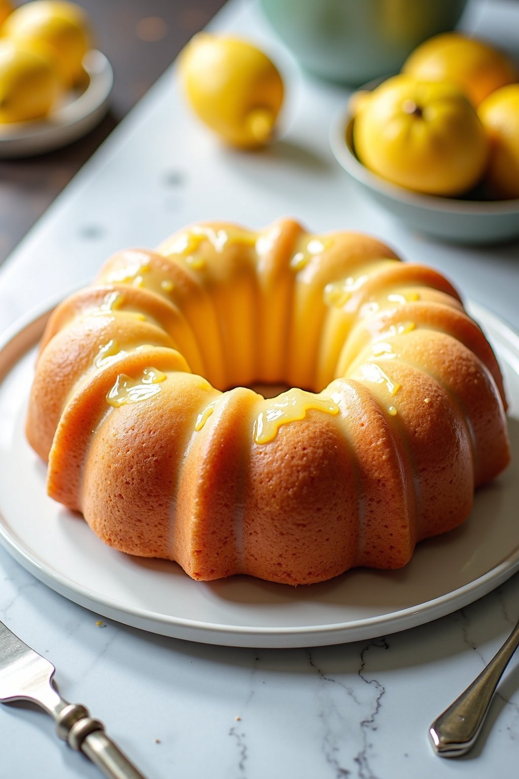 Lemon rosemary bundt cake for Mother's Day brunch on white marble, bright light
