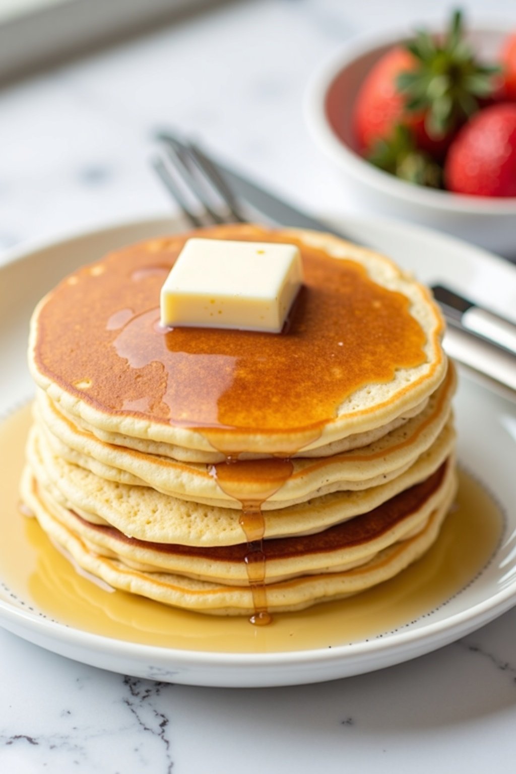 Mother's Day Brunch Pancake Recipe beautifully plated on a white marble surface