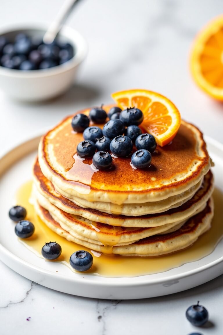 Mothers Day Citrus Blueberry Pancakes Recipe, complete dish, bright natural light