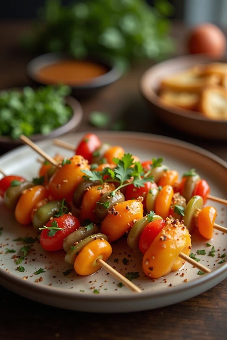 assorted skewer recipes on a white plate — chicken, peppers, and mushrooms