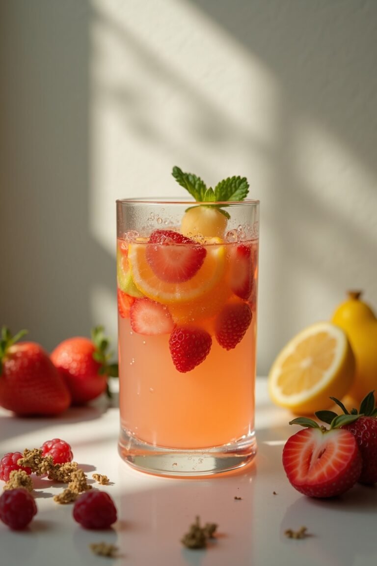 glass pitcher of fruit infused water with lemon, mint, and berries on marble counter