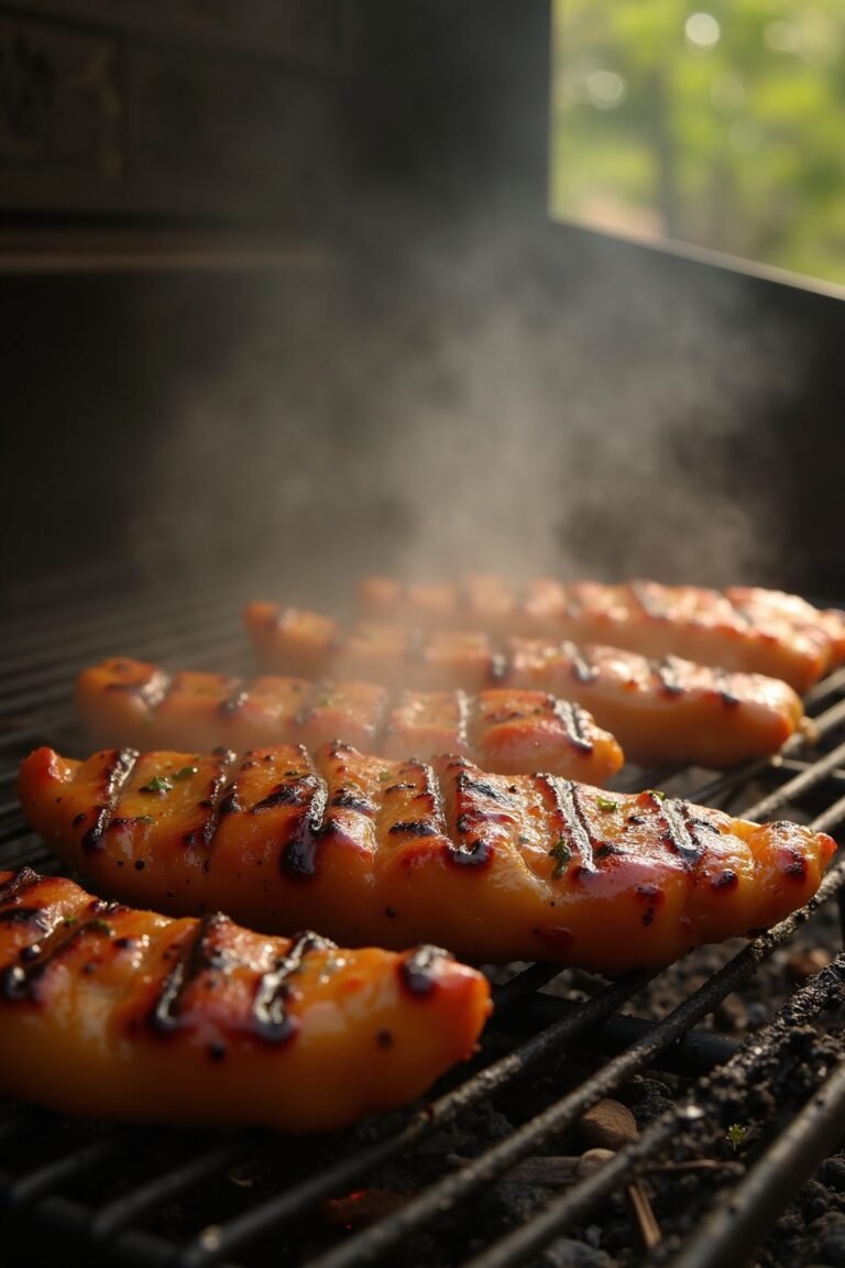 colorful vegetables and chicken skewers on outdoor grill, summer cookout setup
