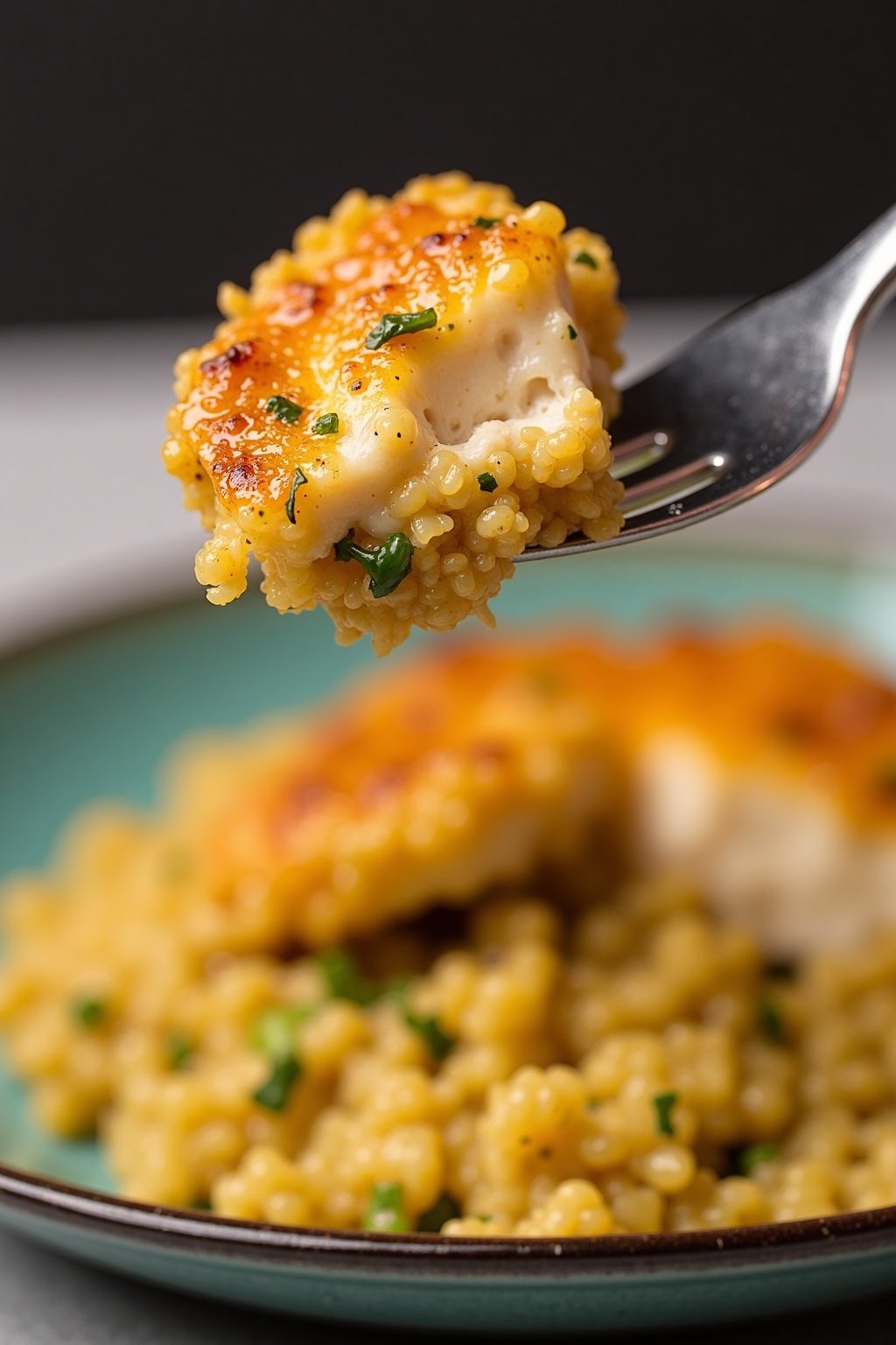 Savory Herb-Crusted Cod with Quinoa Pilaf perfect bite on a fork, max 125 chars