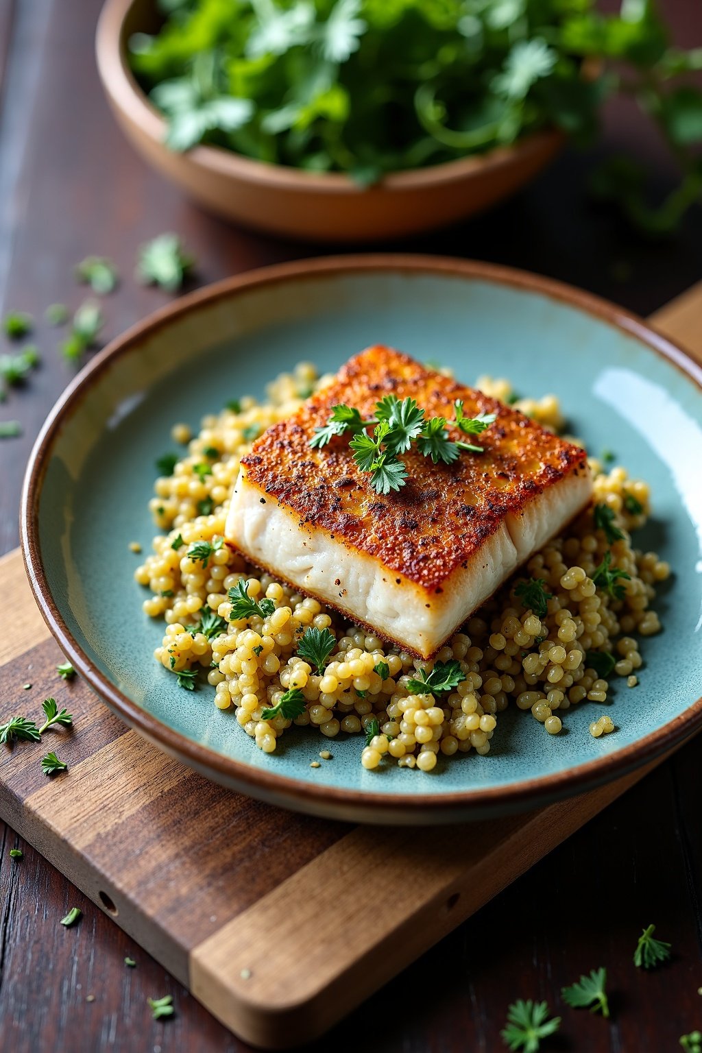 Savory Herb-Crusted Cod with Quinoa Pilaf on ceramic plate, max 125 chars