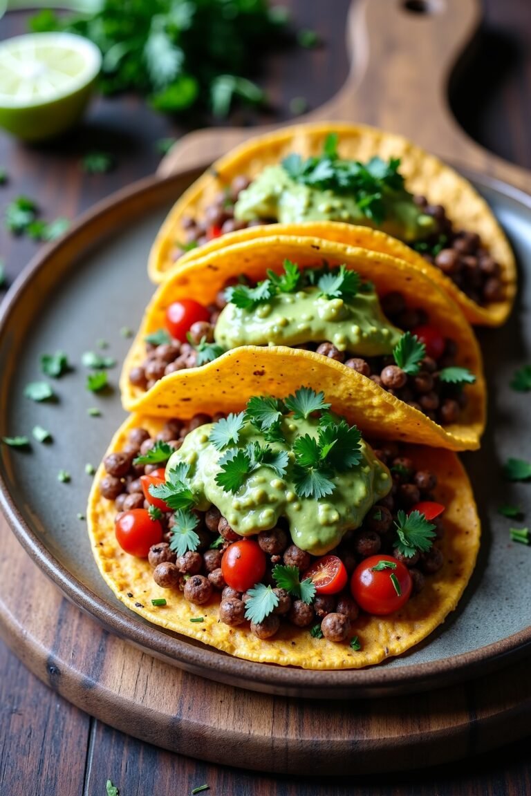 Savory Lentil Tacos with Avocado Lime Sauce on rustic plate, max 125 chars