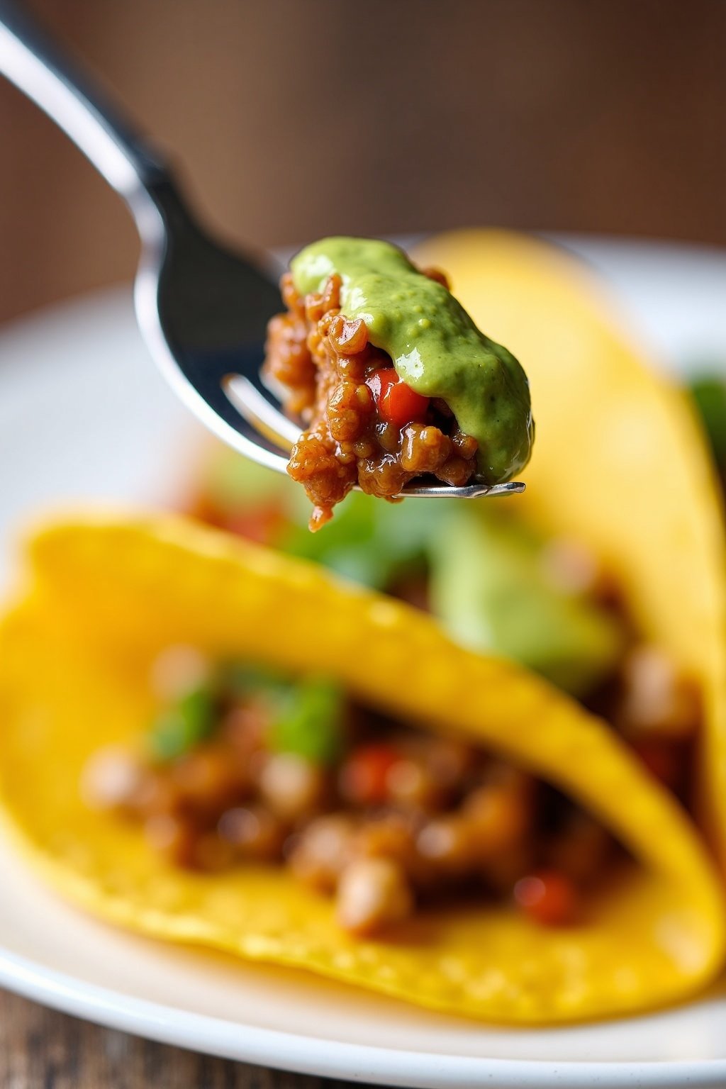 Savory Lentil Tacos with Avocado Lime Sauce perfect bite on a fork, max 125 chars