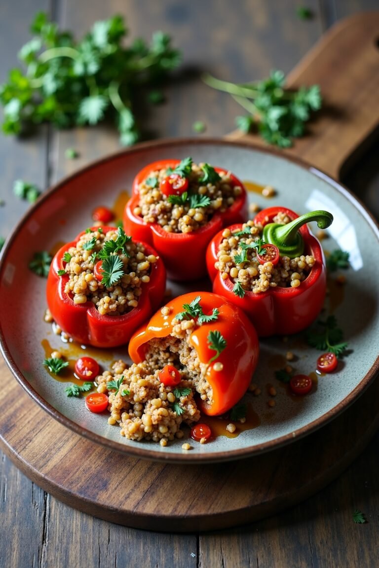 Savory Quinoa and Black Bean Stuffed Bell Peppers on rustic plate, max 125 chars