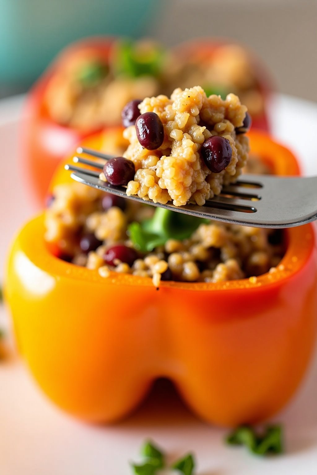 Savory Quinoa and Black Bean Stuffed Bell Peppers close-up portion detail, max 125 chars