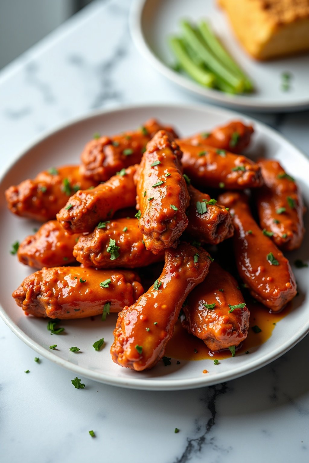 Smoky chipotle BBQ chicken wings recipe on marble, bright daylight