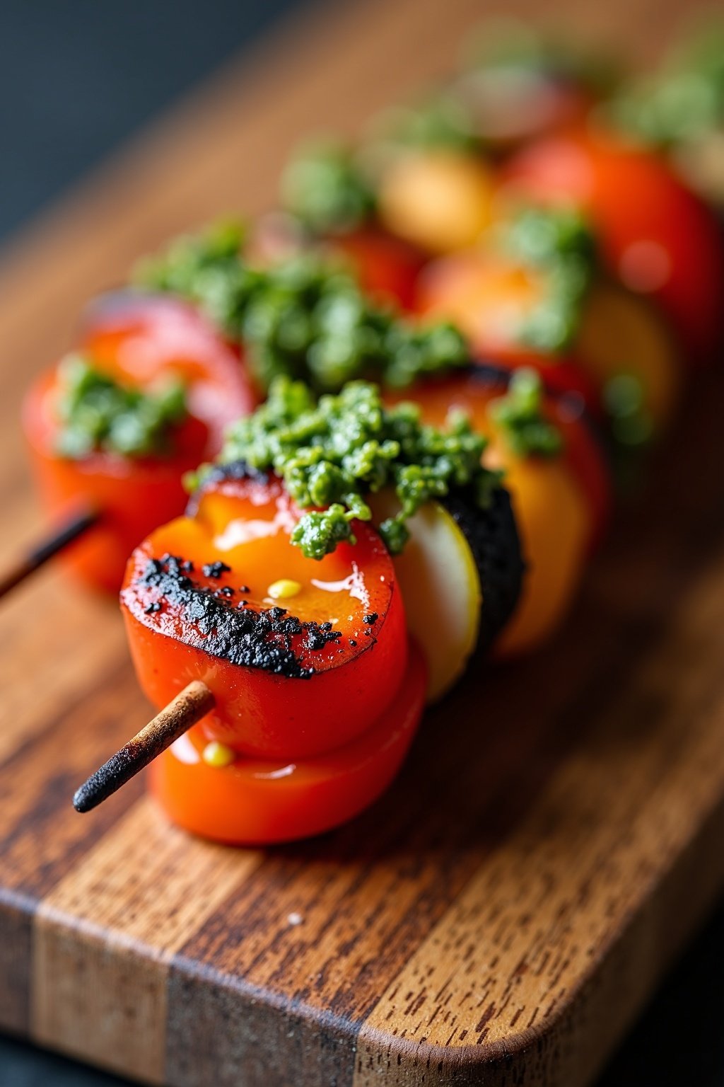 Smoky Grilled Vegetable Kabobs with Chimichurri cross-section or sliced