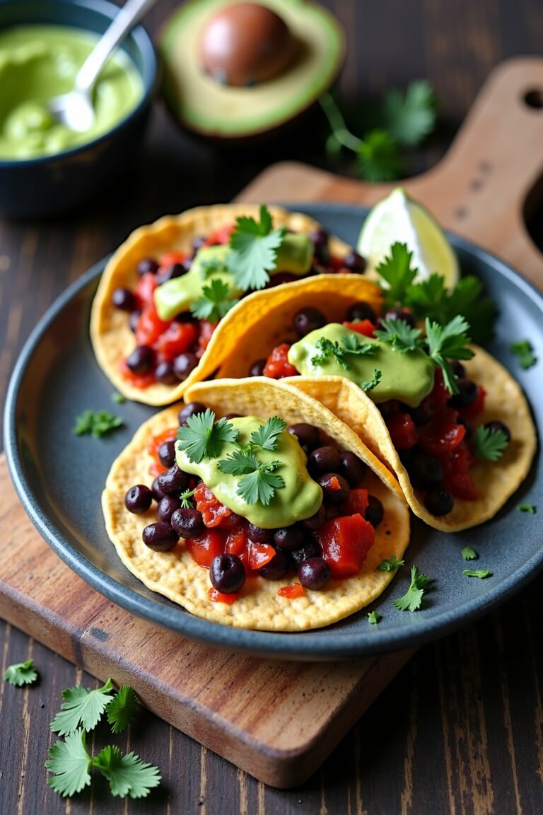 Spicy Black Bean Tacos with Avocado Lime Sauce on rustic plate, max 125 chars