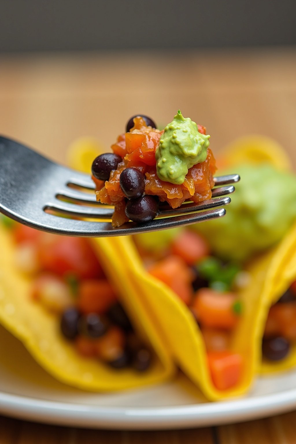 Spicy Black Bean Tacos with Avocado Lime Sauce perfect bite on a fork, max 125 chars