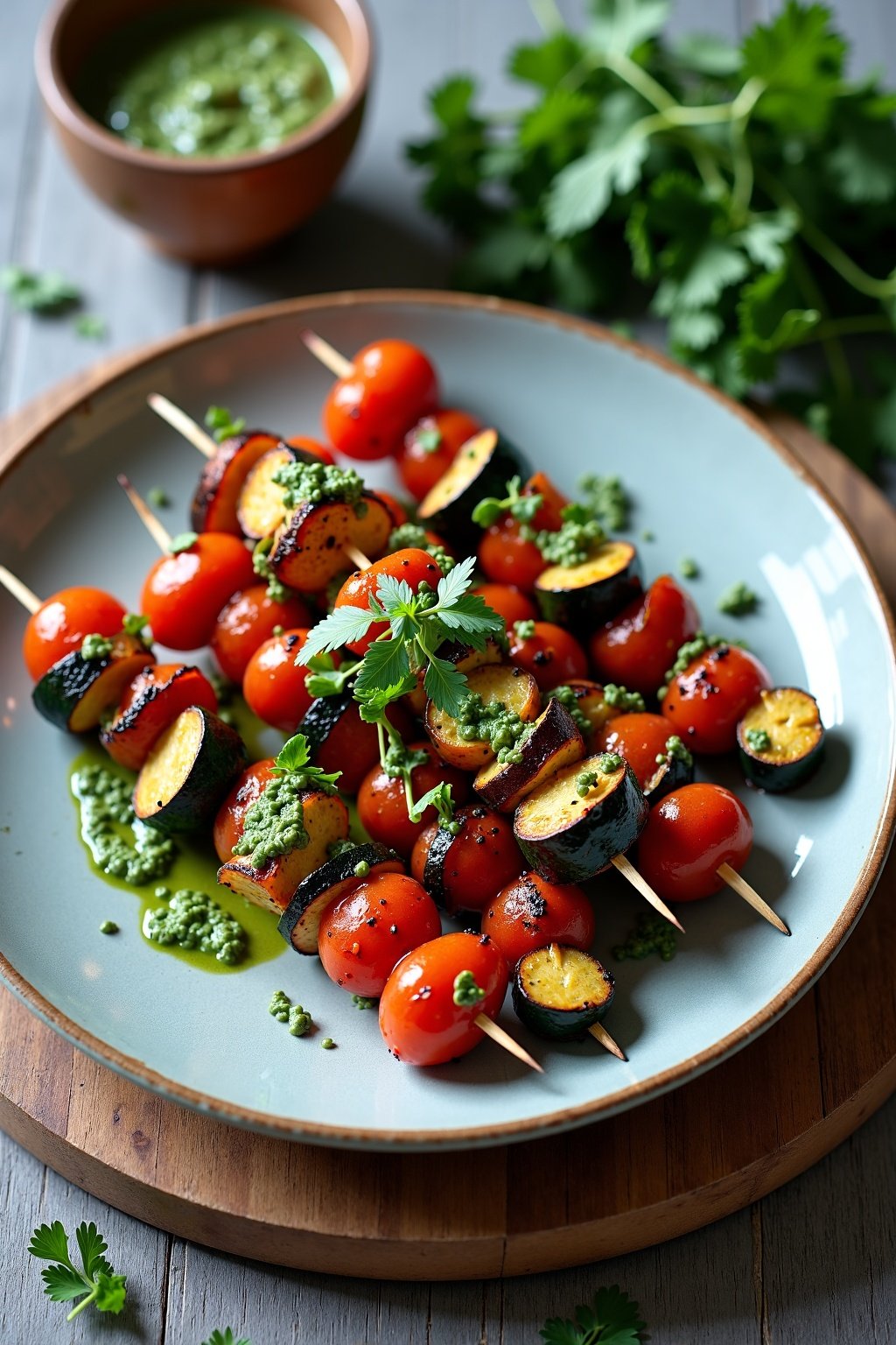 Spicy Grilled Vegetable Skewers with Chimichurri Sauce on a rustic plate, max 125 chars