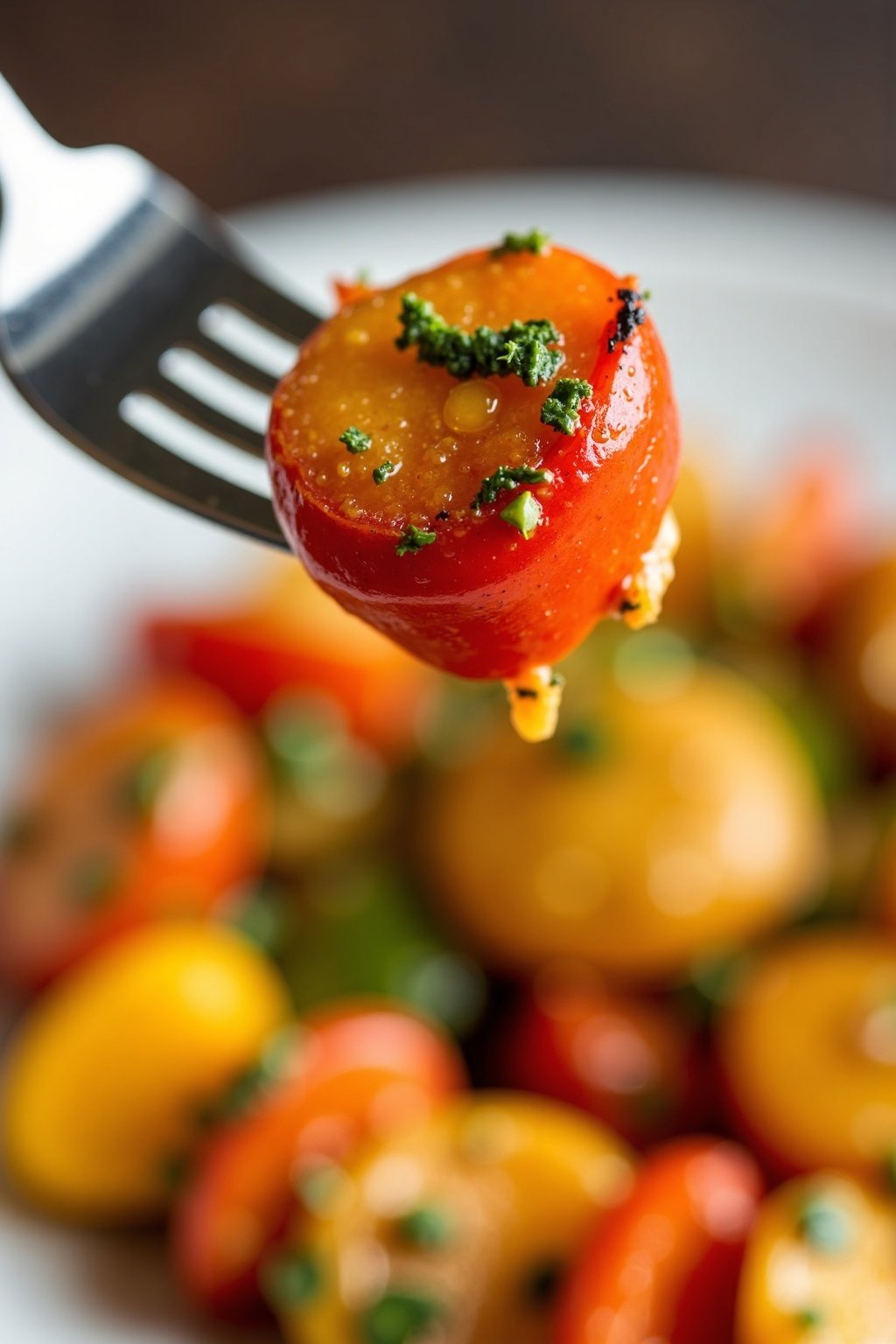 Spicy Grilled Vegetable Skewers with Chimichurri Sauce perfect bite on a fork, max 125 chars