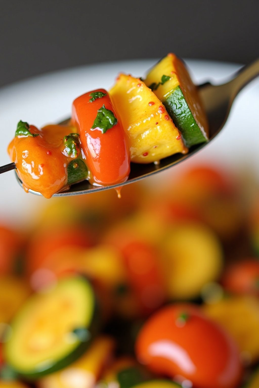 Spicy Grilled Vegetable Skewers with Chimichurri Sauce close-up detail, max 125 chars
