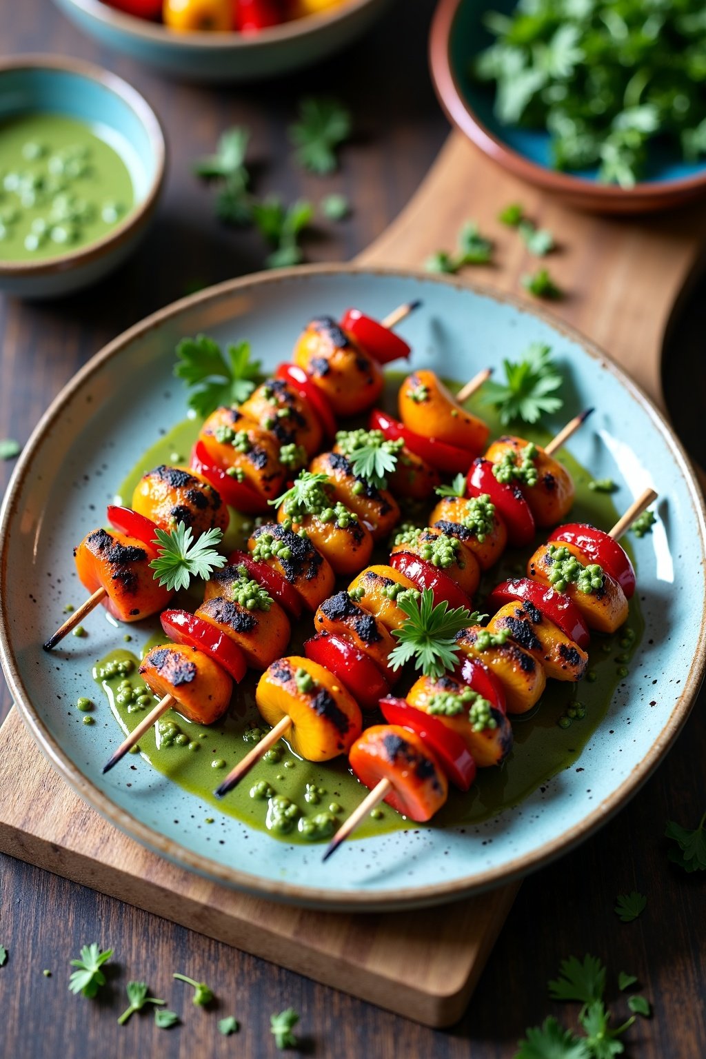 Spicy Grilled Vegetable Skewers with Chimichurri Sauce on rustic plate, max 125 chars