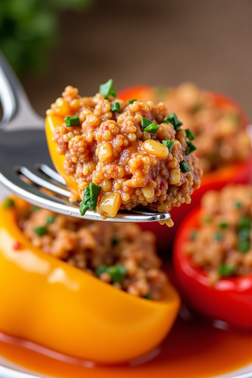 Spicy quinoa stuffed bell peppers perfect bite on a fork, max 125 chars