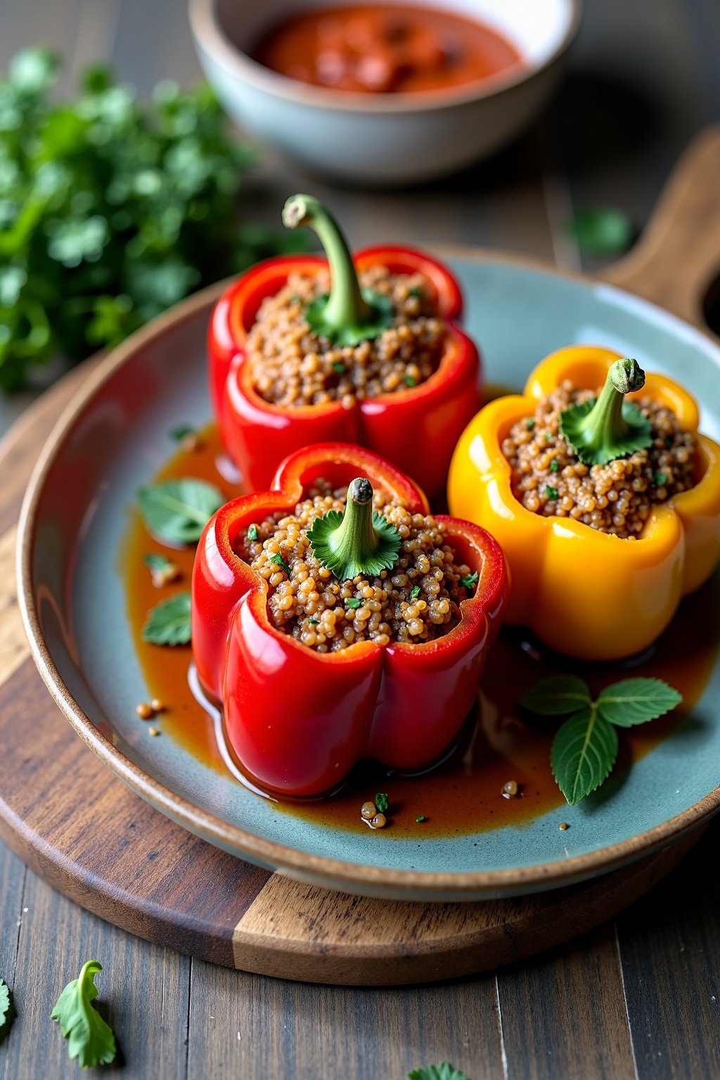 Spicy quinoa stuffed bell peppers on rustic ceramic plate, max 125 chars