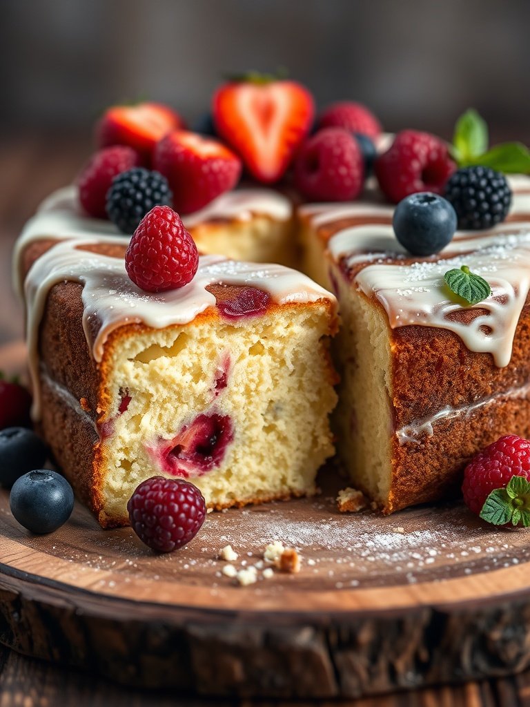 Ultimate Mother's Day Brunch Cake with Fresh Berries cross-section or sliced, max 125 chars
