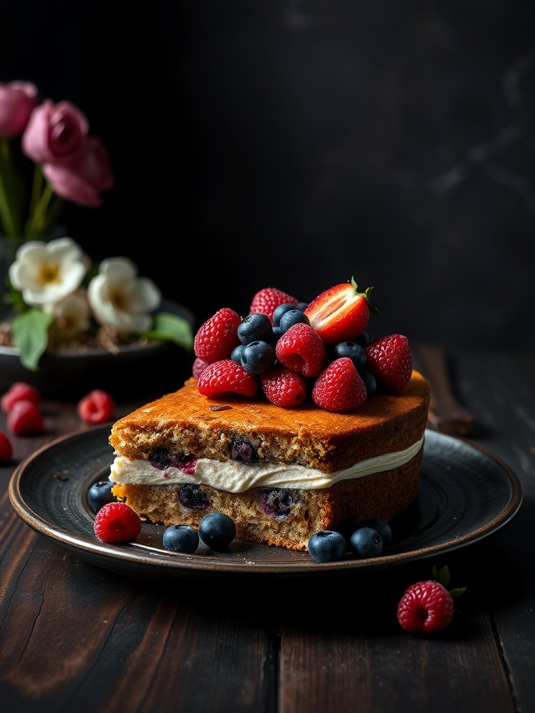 Ultimate Mother's Day Brunch Cake with Fresh Berries on rustic plate, warm light