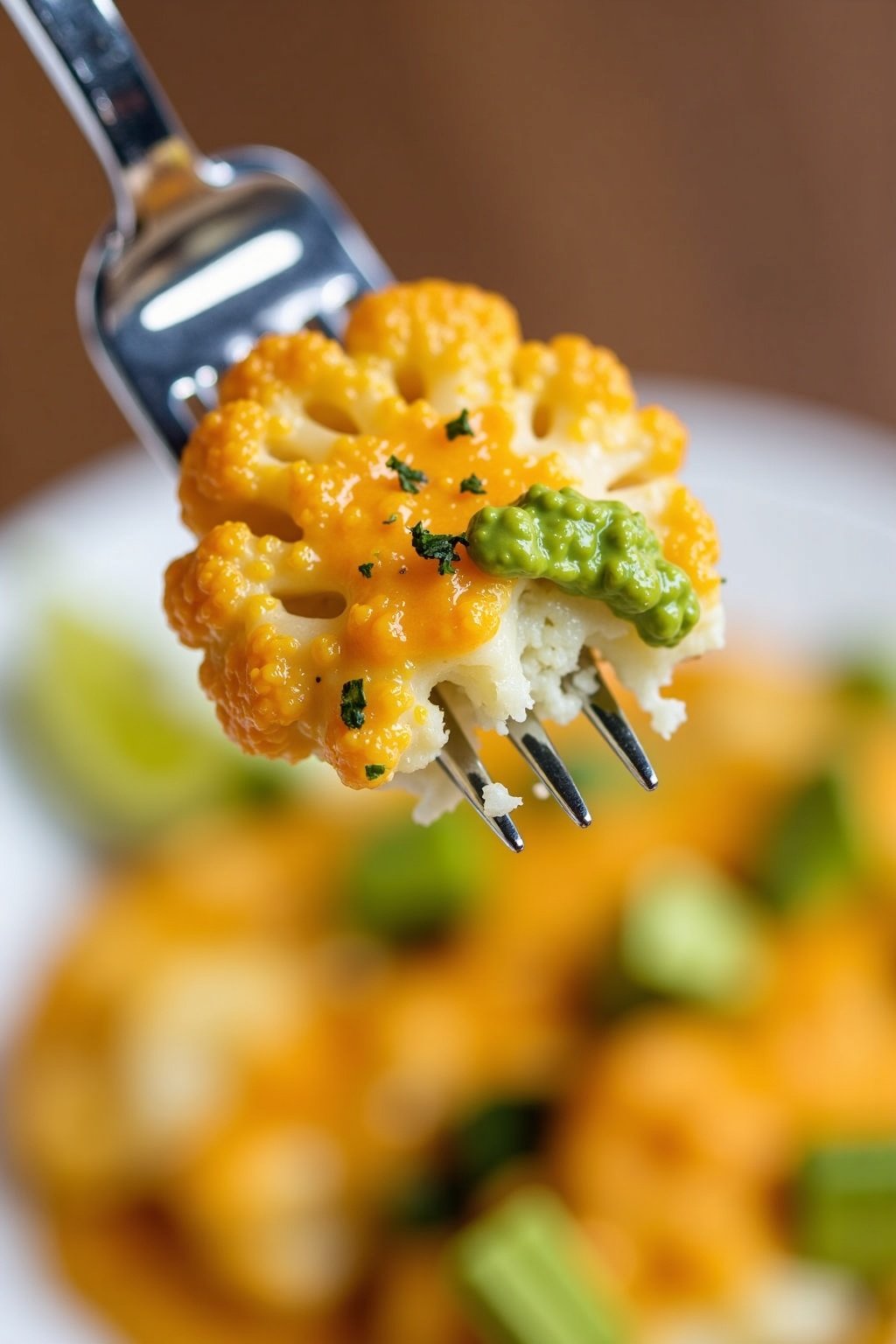 Vegan Cauliflower Tacos with Avocado Lime Sauce perfect bite on a fork, max 125 chars